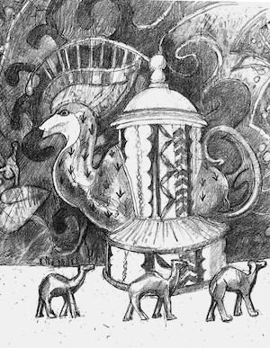 drawing of a coffee pot in the shape of a camel